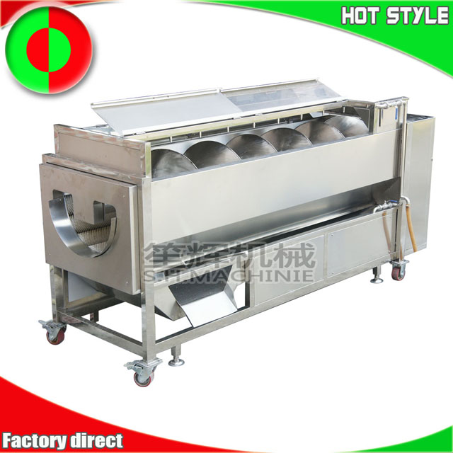 Large scale production line for peeling, cutting and cleaning vegetables and fruits